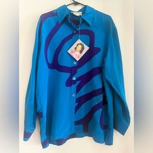 NWT Diane Von Furstenberg Blue and Purple Silk Button Down Shirt